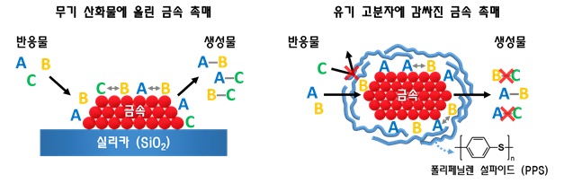 그림 1. 무기 산화물 및 유기 고분자를 이용하여 합성한 금속 촉매 모식도