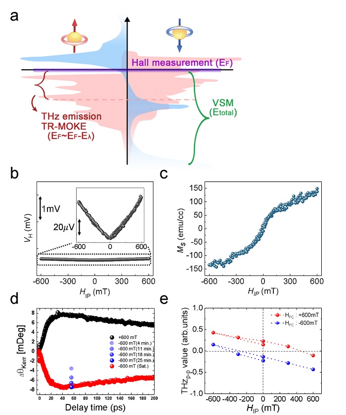 그림 1. (a) TbCo의 스핀 의존 에너지 밴드 및 에너지 레벨에 따른 측정 기법에 대한 개략도. 면내 방향 외부 자기장에 따른 TbCo/Pt의 (b) Hall measurement 및 (c) Vibrating sample magnetometer 측정 결과. (d) 상온에서 외부 자기장의 방향을 바꾸었을 때 경과시간에 따른 Time-resolved MOKE 결과. (e) 외부 자기장 방향 및 세기에 따른 저온에서의 THz emission 결과 