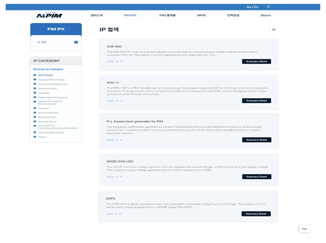 그림 4-2. PIM IPX 메뉴화면과 5종의 인공지능 반도체 IP 목록