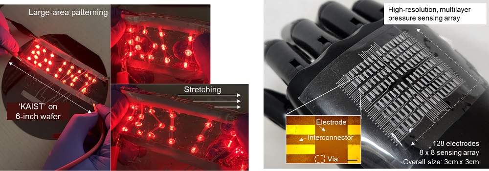 그림 2. 반도체 공정을 통해 제작된 대면적 신축성 디스플레이와 고해상도 로봇 피부
