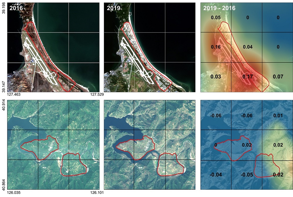 그림 (2) 2016년과 2019년 위성영상과 경제점수 차이. 관광개발구 중 하나인 원산 갈마지구(상단)는 유의미한 개발이 발견되었으나 공업개발구인 위원개발구(하단)는 변화가 나타나지 않았음. (배경사진: 센티넬-2 위성영상 유럽우주국 (ESA) 제공)