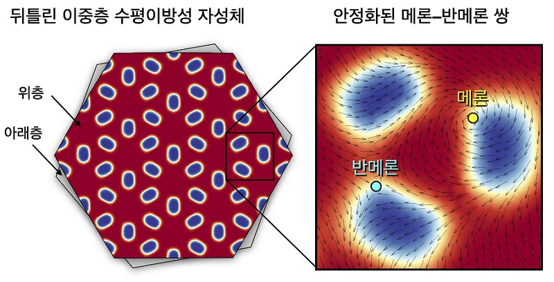 그림 1. 뒤틀림 이중층 강자성체에서 본 연구 결과를 통해 세계 최초로 발견된 안정한 위상적 솔리톤인 메론에 대한 모식도