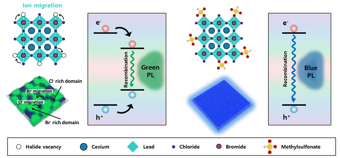 그림 1. 서로 다른 할라이드를 섞어 만드는 혼합 할라이드 진청색 페로브스카이트의 색 변화 메커니즘 및 이를 억제하는 타겟 물질 전략을 사용했을 때의 차이점