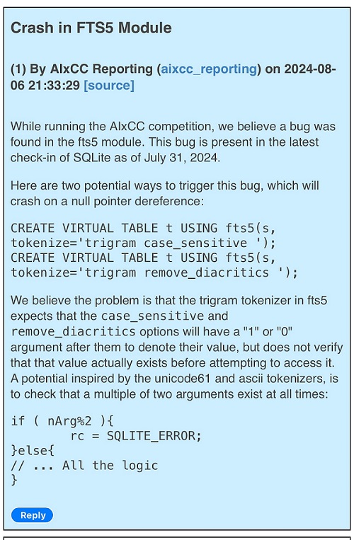 그림 2. 팀 애틀랜타의 CRS가 발견한 sqlite3 신규 취약점