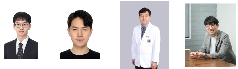 (왼쪽부터) 임동주, 정재권 공동 제1저자, 고려대 이헌정 교수, 우리 대학 수리과학과 김재경 교수