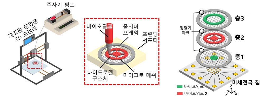 그림 2. 적층형 바이오프린팅 기술과 미세전극 칩의 통합 과정